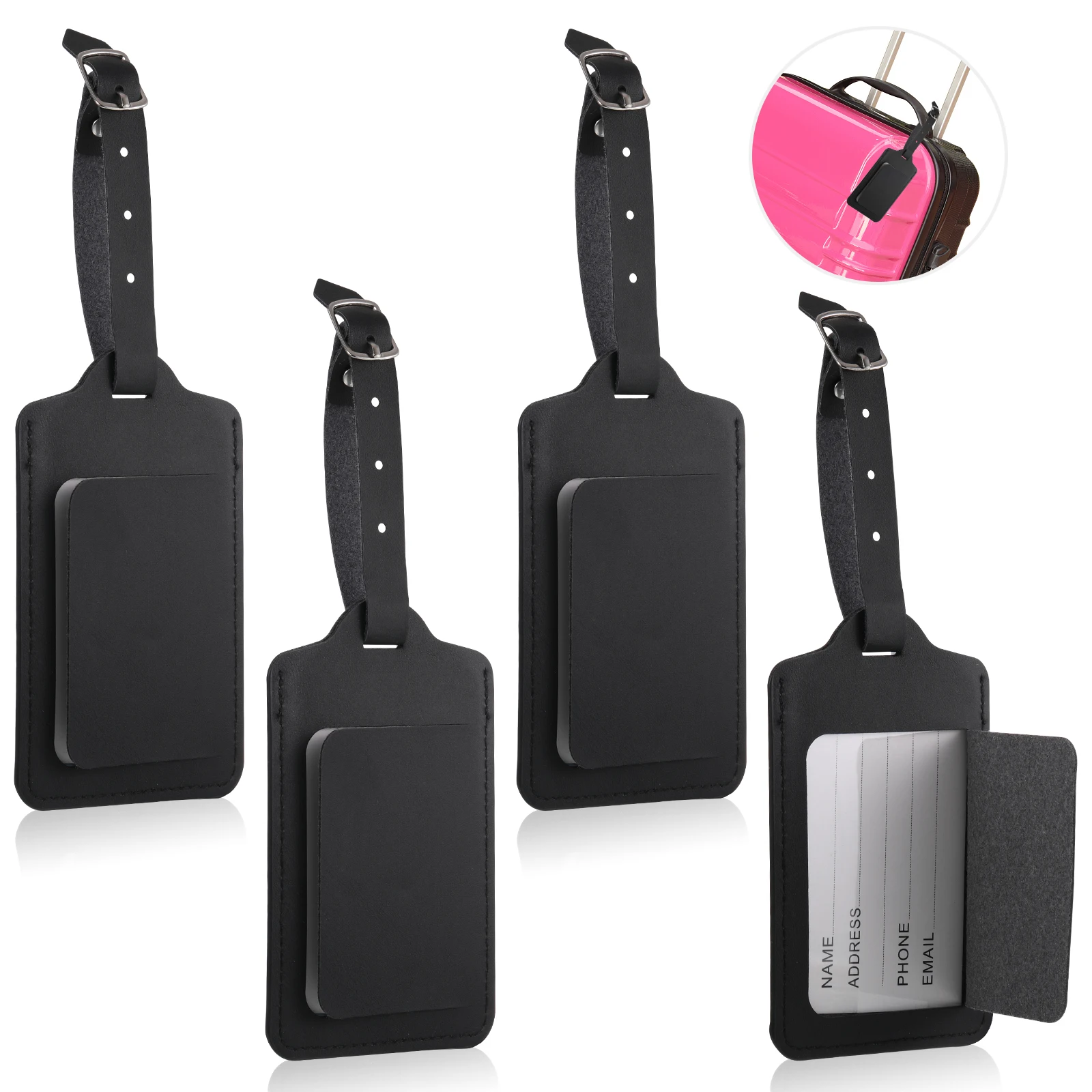 Pack of 4 PU Luggage Tags Adjustable Strap Suitcase Backpack Label Travel