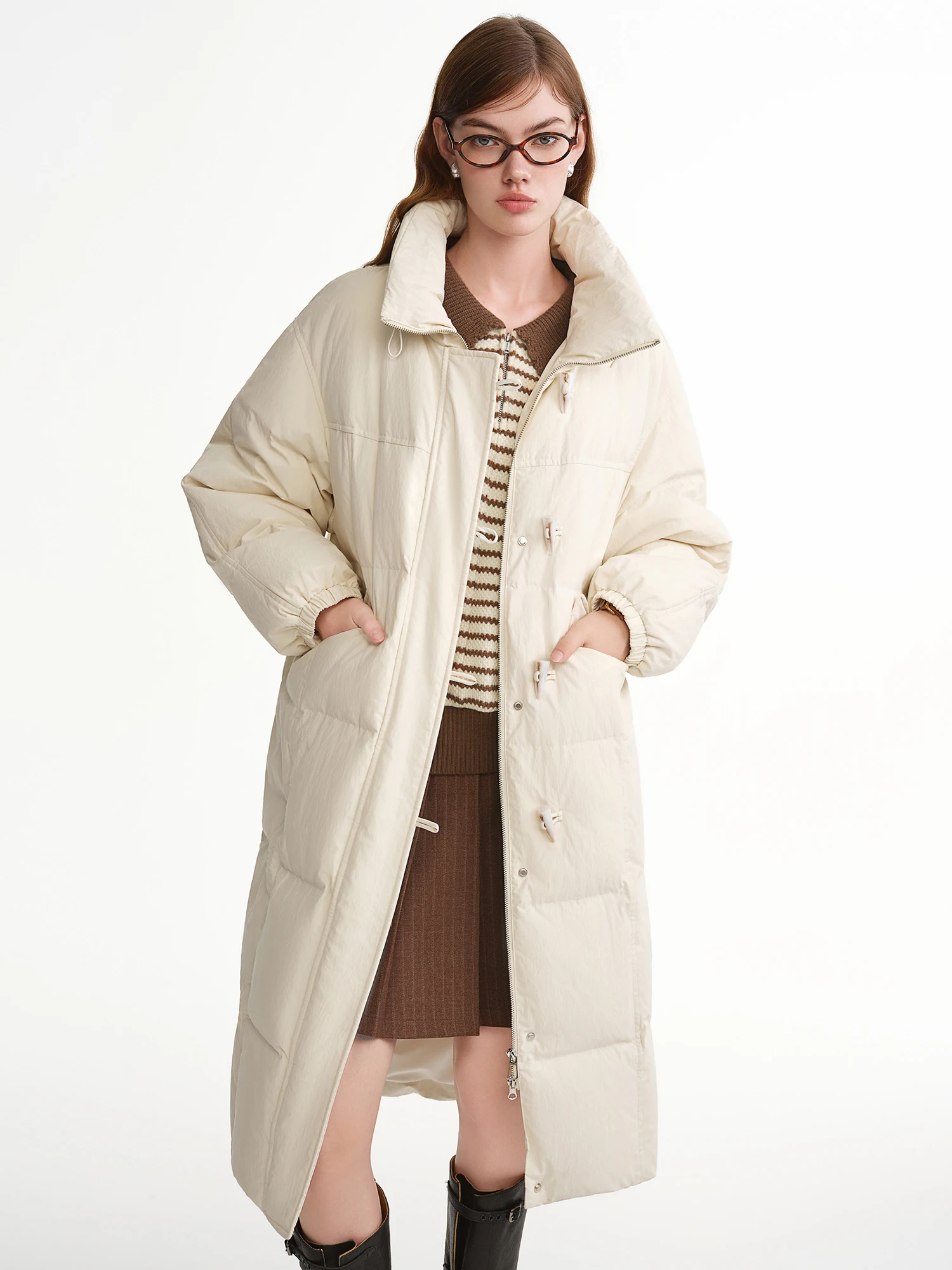 DUSHU الوقوف طوق القرن زر طويل أسفل سترة 2025 الأبيض بطة أسفل سترة بسيطة الصلبة الترفيه معاطف مستقيمة فضفاضة تناسب