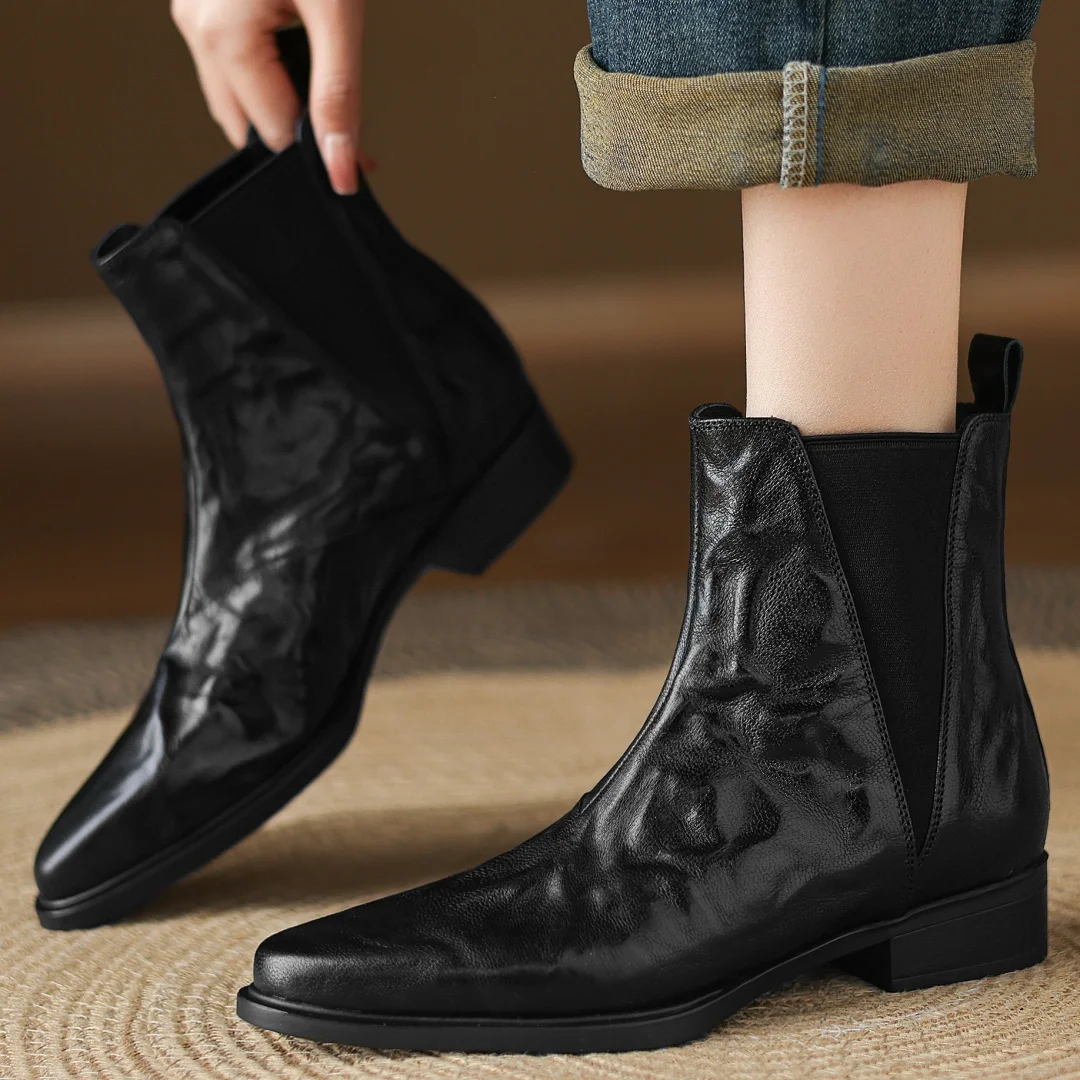 

Women's sheepskin elastic fabric patchwork pointed toe slip-on autumn ankle Chelsea boots casual female flats short boots shoes