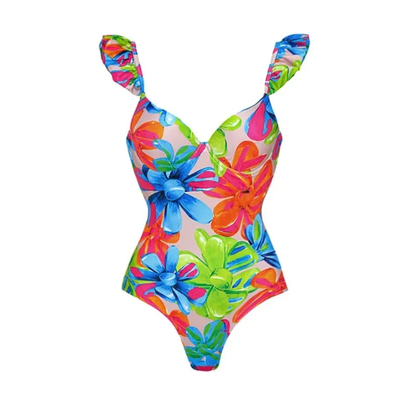 Set bikini intero sexy con stampa colorata da donna, design con lacci, gonna da spiaggia galleggiante, moda corta sul davanti, copertura lunga