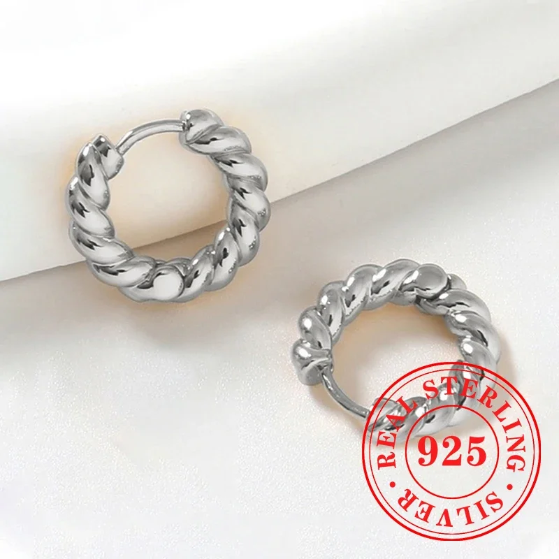 Huitan Coarse Twisty Round 925 Sterling Silver Hoop Earrings for Women Versatile Daily Office Jewelry Exquisite Party Jewelry