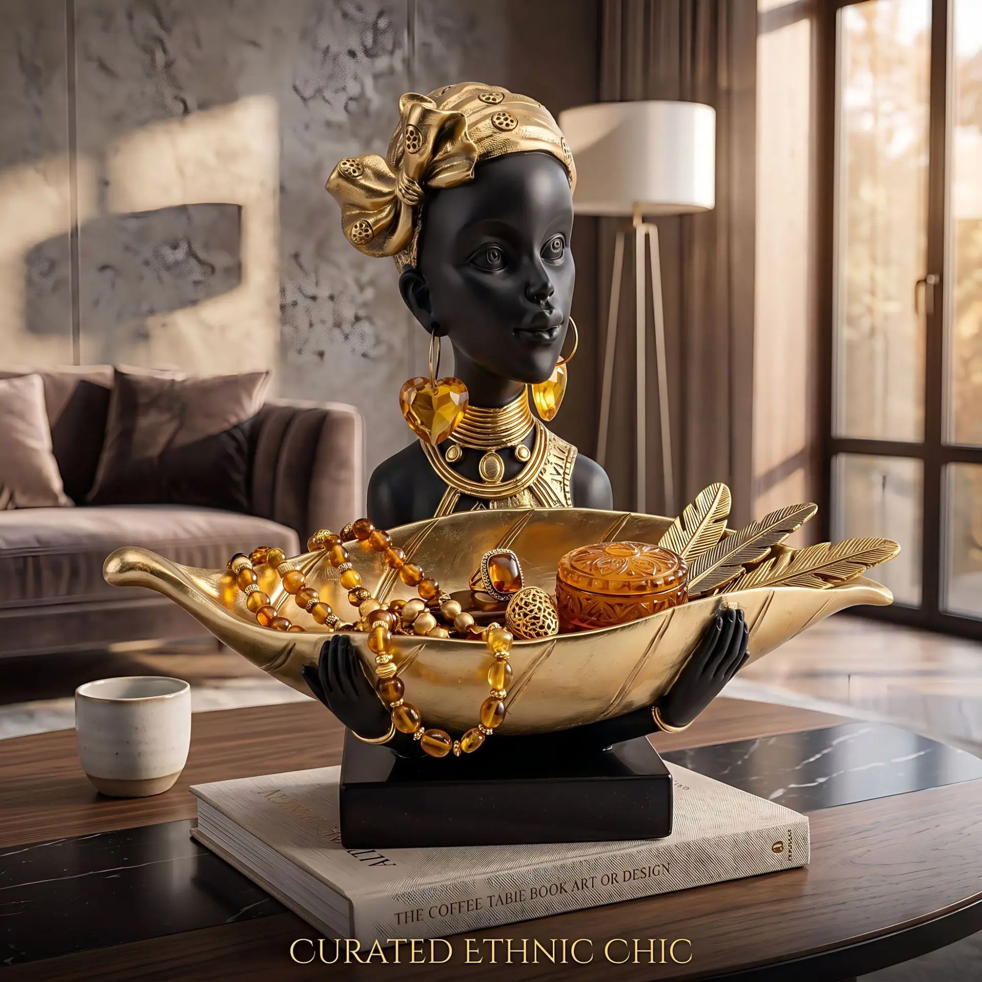 African Woman Bust Storage Tray Resin Statue Black Gold Leaf Jewelry Key Holder Modern Luxury Entryway Tabletop Decor Ornament - view 2