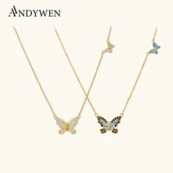 ANDYWEN 925 Sterling Silver Clear Big Butterfly Pendant Small Butterfly Long Chain Crystal Zircon Crystal Luxury Jewelry Gift