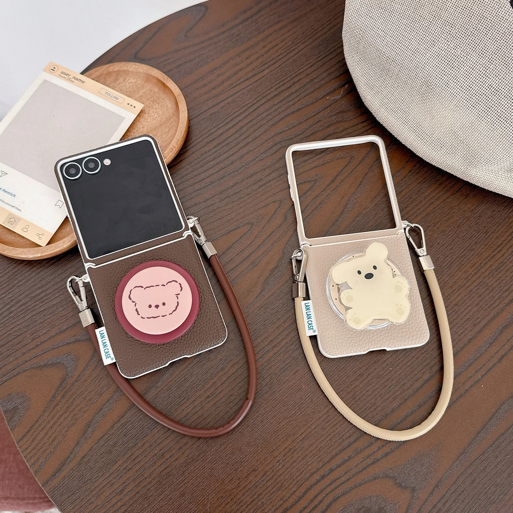 

Cute Cartoon Magnetic Pop Sockets Holder Bracket Leather Phone Case for Samsung Galaxy Z Flip 7 6 5 4 3 With Lanyard Phone Cover