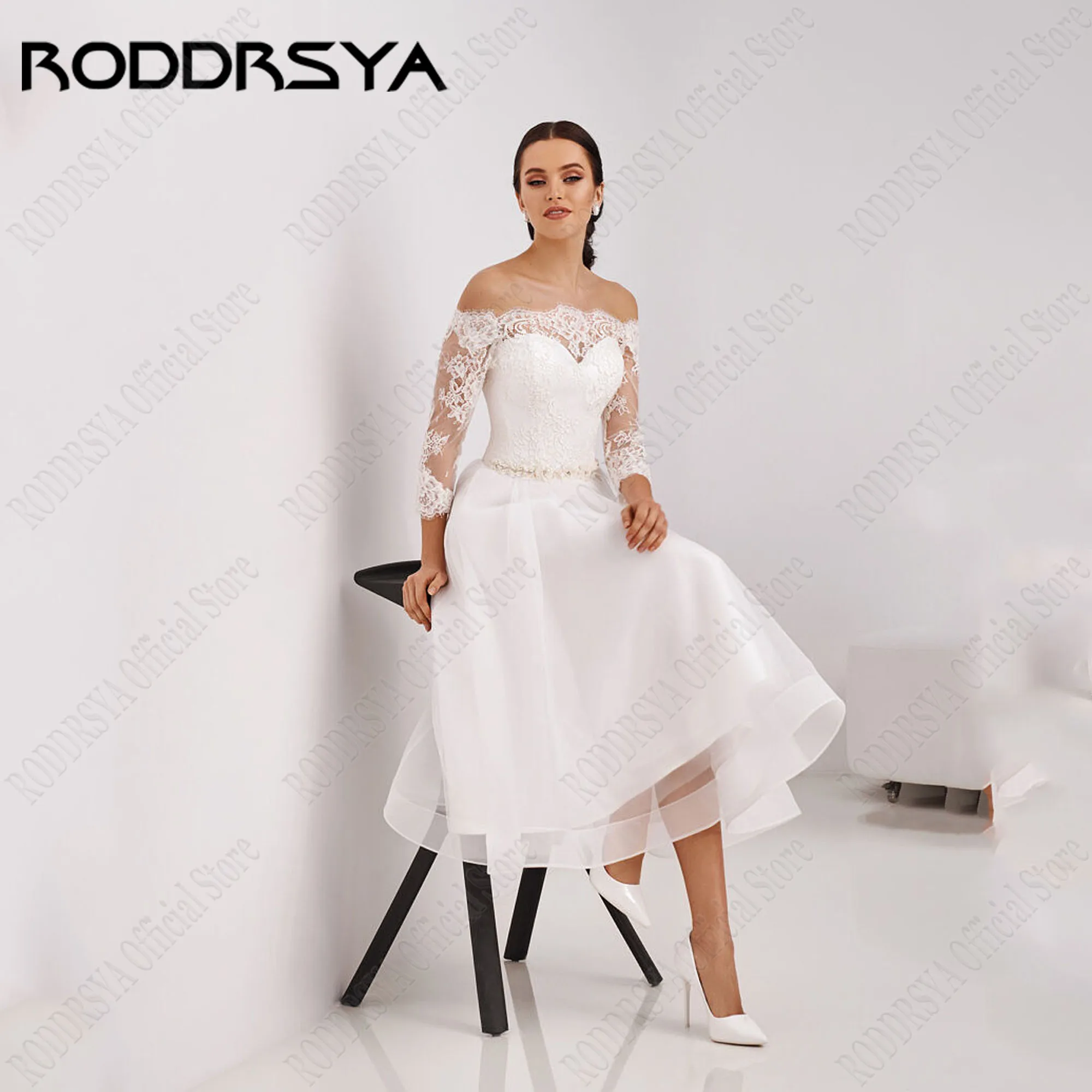 

RODDRSYA Civil Lace Wedding Dresses Boat Neck 3/4 Sleeves Applique Bride Gowns Tulle A-Line Lace Up Tea-Length свадебное платье