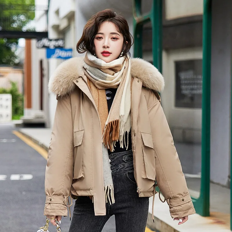 

2023 New Women Cotton Coat Winter Jacket Female Short Thicken Parkas Plunsh Big Collar Outwear Warm Slimming Hooded Overcoat