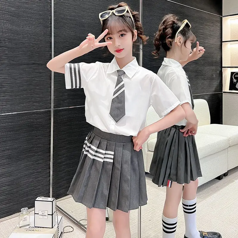 2pcs 2026 summer Girls JK SUIT Clothes teenager tie striped t shirt top and bottom pleated skirt uniform 5 6 7 8 9 10 11 12 year