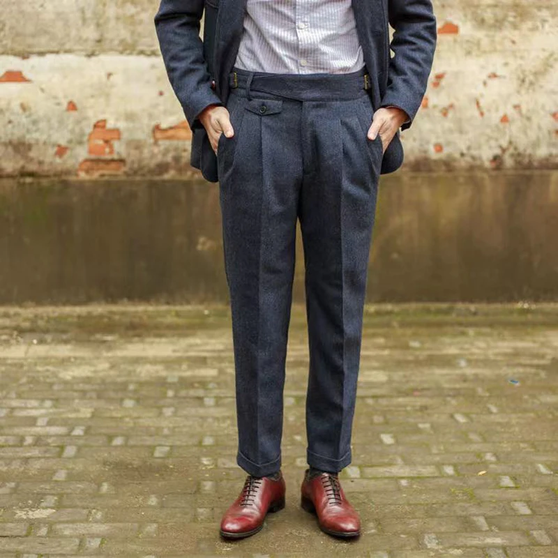 Vintage Gurkha Pants Men England Style High Waist Smart Casual Straight Trousers Autumn Winter Woolen Fashion Naples Suit Pant - Image 2