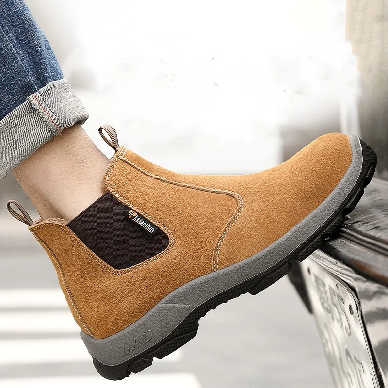 

Мужские модные рабочие защитные ботинки больших размеров со стальным носком, защитная обувь из коровьей кожи, сварочные ботинки «Челси», мужские ботильоны