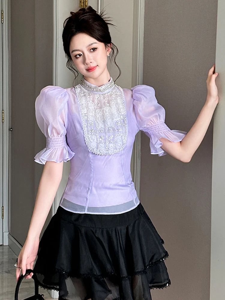 Abbigliamento donna Camicia in chiffon dolce viola con maniche a sbuffo Elegante signora di lusso Sheer Sexy Mujer Slim Top Camicetta casual Moda Estate