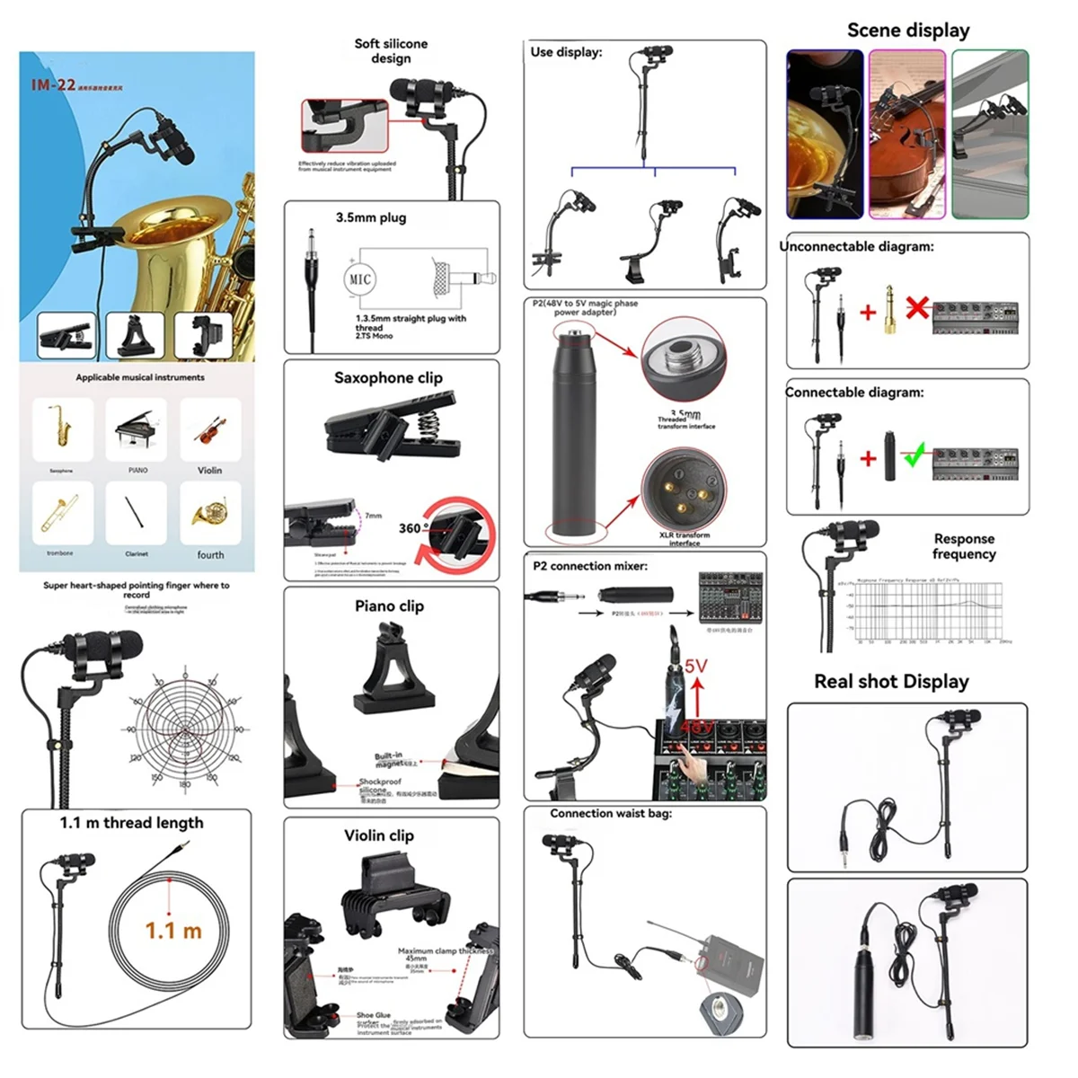 QA88X IM-22 Wired Microphone for Saxophone, Violin, Piano, Horn Hypercardioid Mini Portable Sax Mic,L6