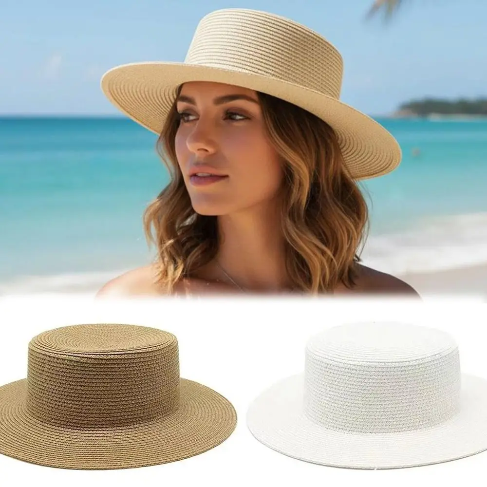 

Fashionable Wide Brim Straw Hat Flat Top Breathable Sunscreen Hat Handwoven Straw Panama Cap Women Summer