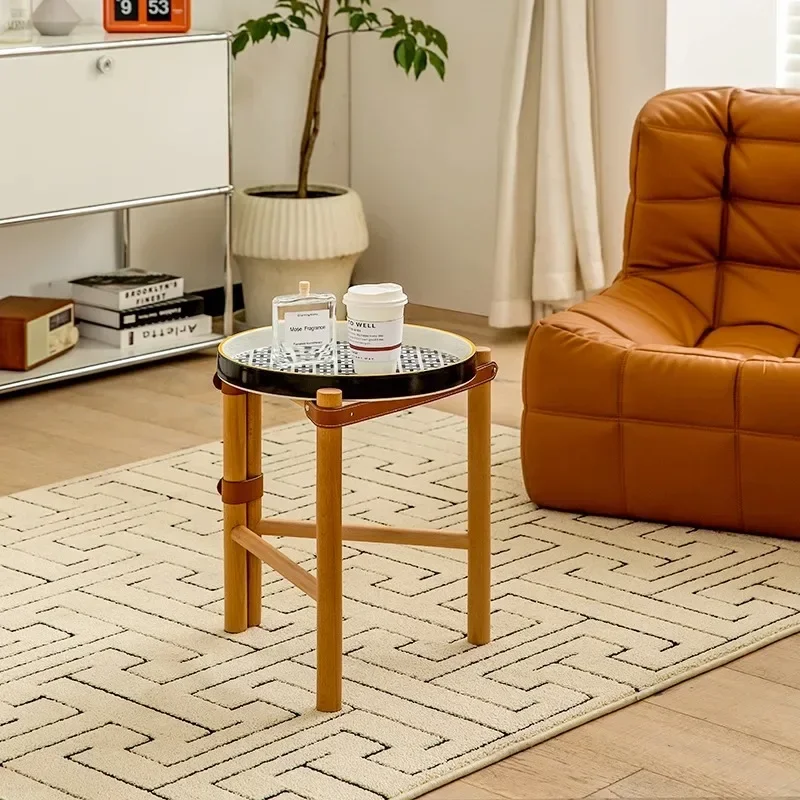 

Creative Sofa Side Table Circular Solid Wood Small Unit Coffee Table Bedside Shelf Minimalist Ceramic Tray Corner Table