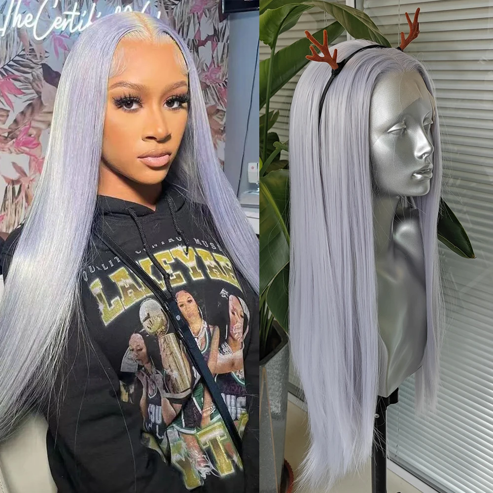 

Silver Grey Straight Synthetic Lace Front Wig Long Straight Grey Hair Lace Wig Middle Part Heat Resistant Women Cosplay Gray Ha