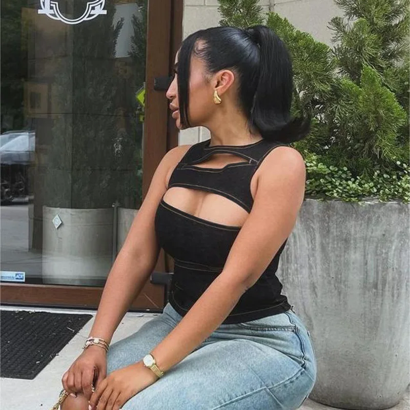 

Hot Girl Hollow out Imitation Denim Vest Top Women's Faion Summer 2024 Color Regular Fit Svel Tank Top