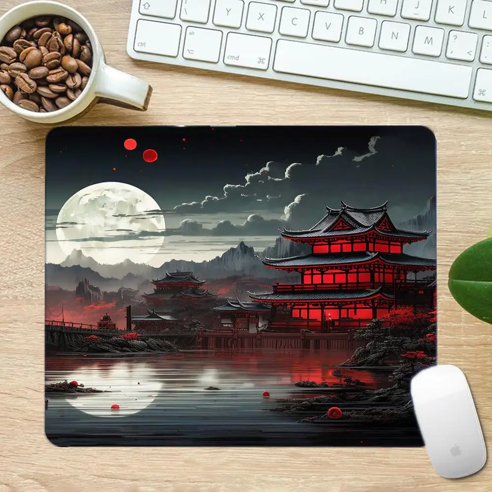 Ink Wash Pagoda & Mountain Desk Mat, Premium Bound Edge NonSlip Mouse Pad