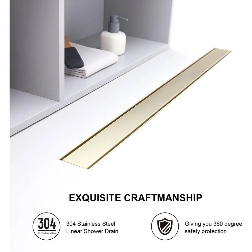 24-Inch Brushed Gold Linear Shower Drain with Tile Insert and Hair Strainer
