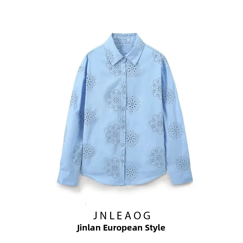 Csa de Seda con Bordado Decorativo de Moda JNLEAOG, Estilo Urbano para Mujer, Corte Hoado, Manga Larga, Estampado Floral...