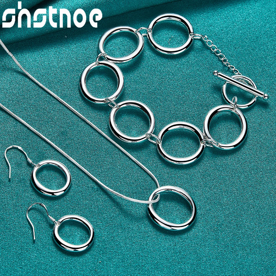 

New 925 Sterling Silver 3pcs/lot Jewelry Set Round Circle Pendant Chain Necklace Bracelet Earring Series For Woman Wedding Party