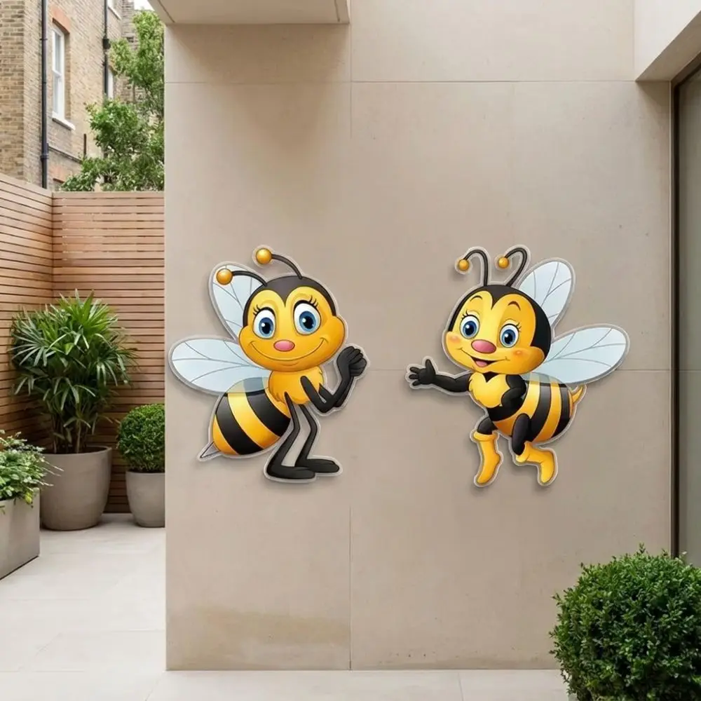 2Pcs 2D Flat Acrylic Cartoon Bee Wall Decor Sun Resistant Rainproof Garden Bee Hanging Plaque Bee Themed Anti-Fade