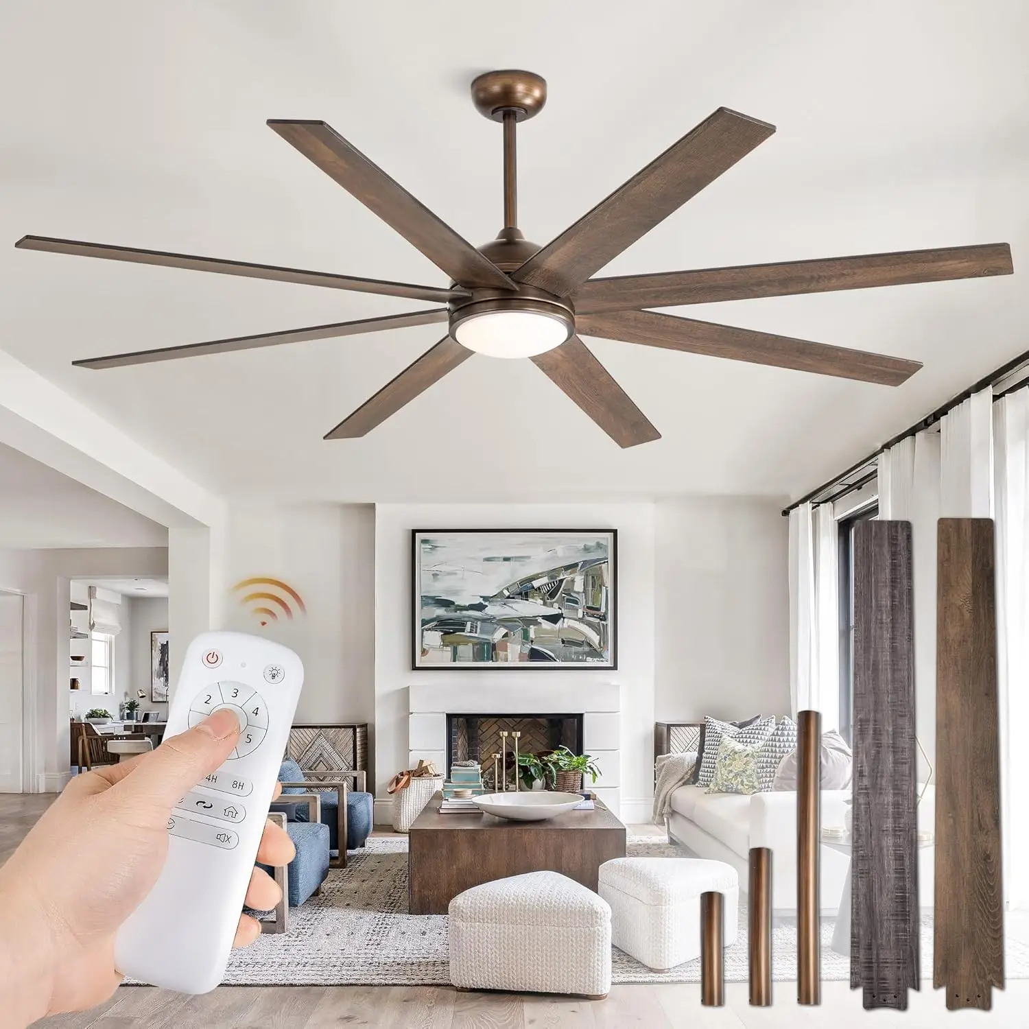 Ceiling Fans with Lights, 72 inch Large Ceiling Fan, Outdoor Bronze Ceiling Fan for Living Room Patio, 6 Speeds,Color 8 Blades