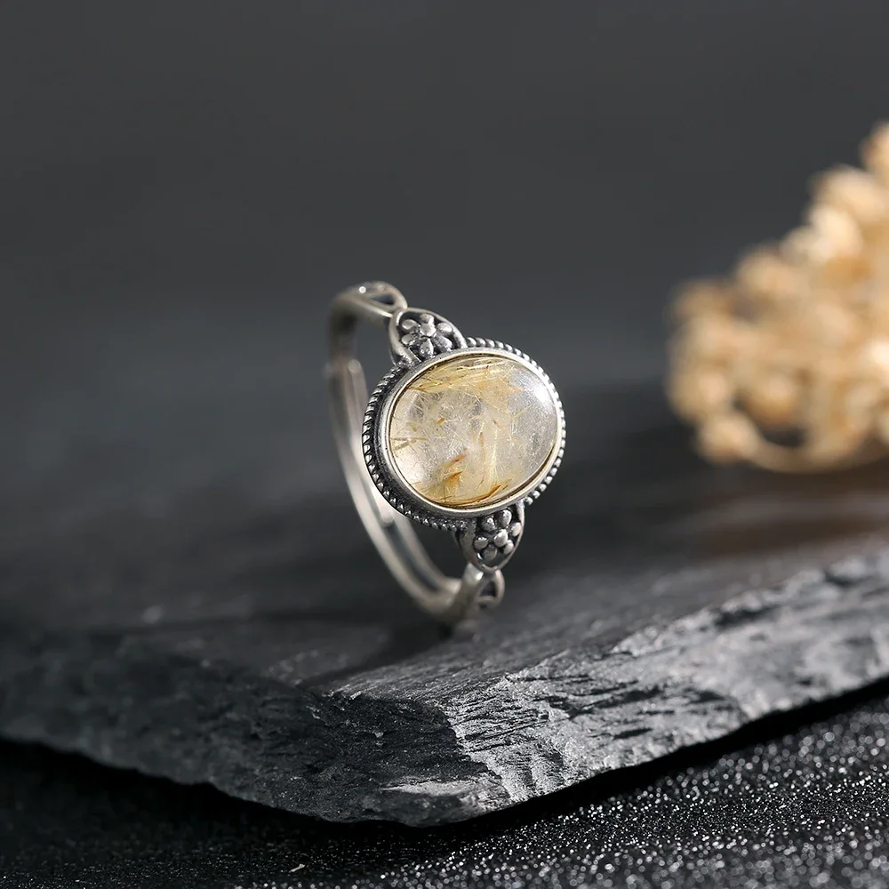 

Natural Crystal Ring S925 Silver Adjustable Open Bands Rutilated Quartz Healing Stone Golden Needles Handmade Boho Jewelry