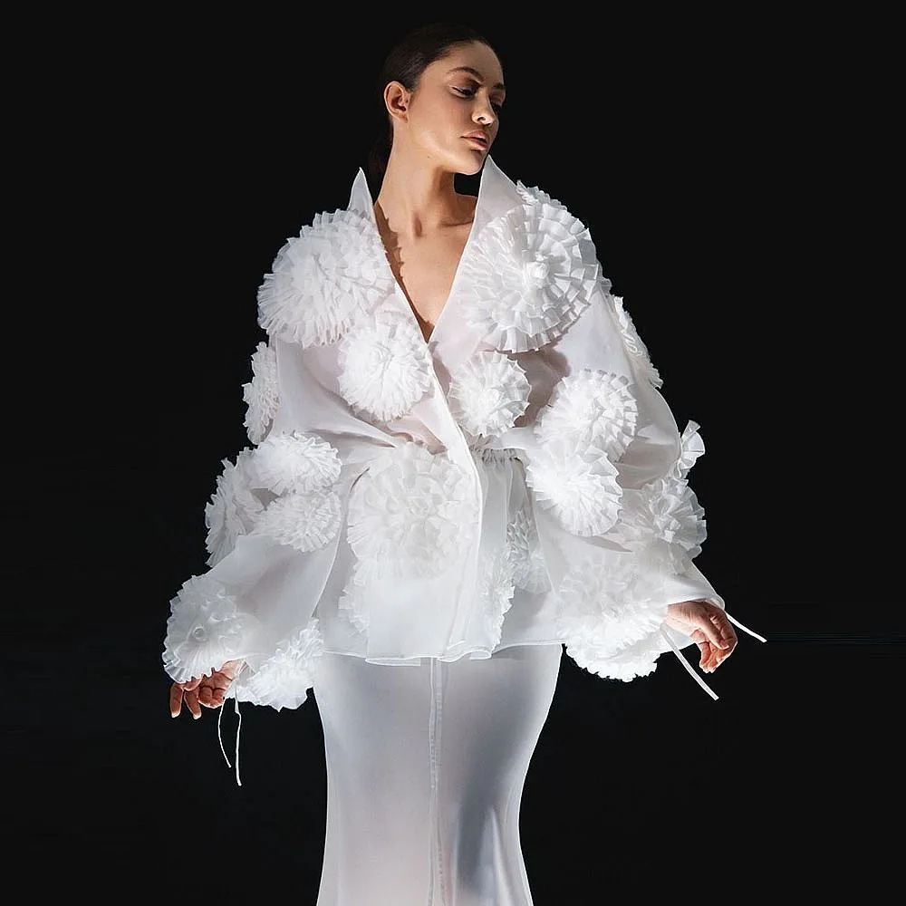 

3D Rose Flower Cape Organza Jacket With Full Sleeves Women Blouse Ruffled Wedding Bridal Shawl For Photoshoots
