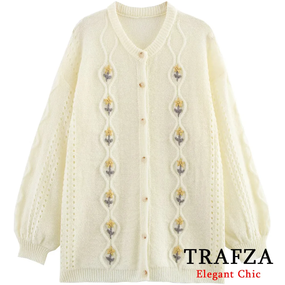 

KONDALA Women Elegant Cute Knit Coat Beige Button Embroidery Flower Loose Cardigan 2025 Fall Winter Fashion Casual Women Cardiga