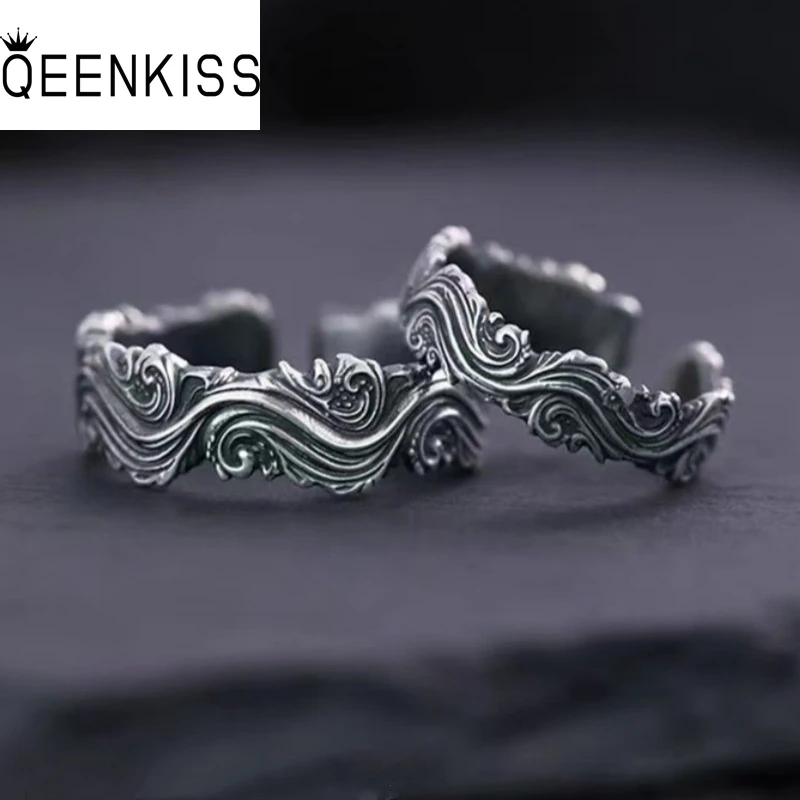 QEENKISS 925 Sterling Silver Vintage Grass Rings for Women Men Birthday Wedding Party Christmas Couple Lovers Girl Gifts RG7063