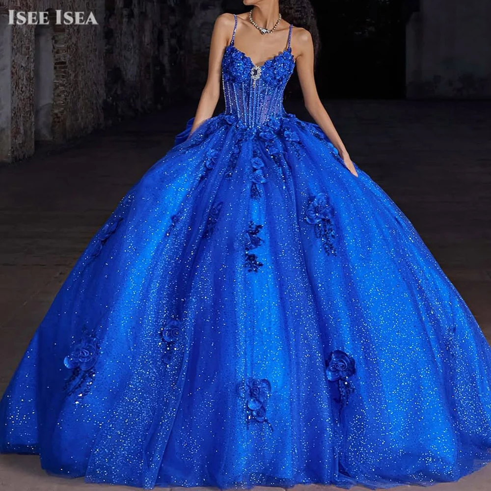 

Синие платья Quinceanera, кружевное бальное платье принцессы с цветочной аппликацией и бантом, блестящее бальное платье, платье de quinceañera на день рождения, по индивидуальному заказу