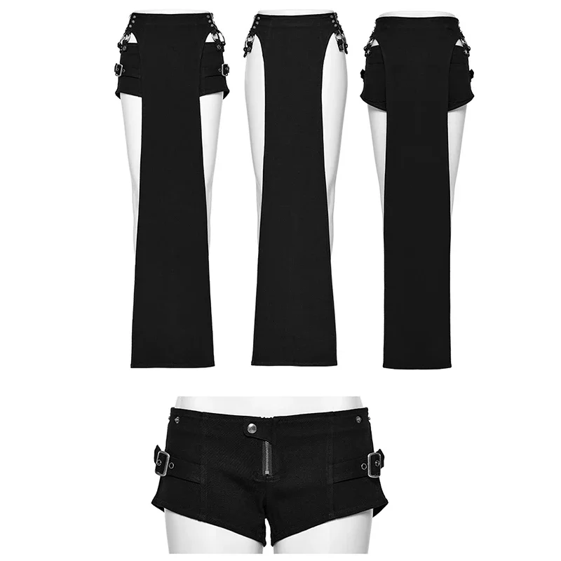 PUNK RAVE Women's Punk Cool Stretch Twill Shorts Suit with Removable Strap Sexy Personality Black Pantskirts Biker Skirts Women