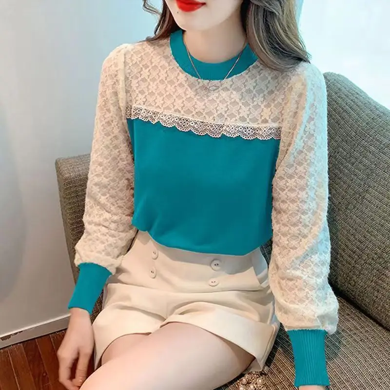 Fashion Patchwork Lace T-shirt Women New High-quality Long Sleeve Slim O-collar All-match Pullover Lady Comfortable Top 2023