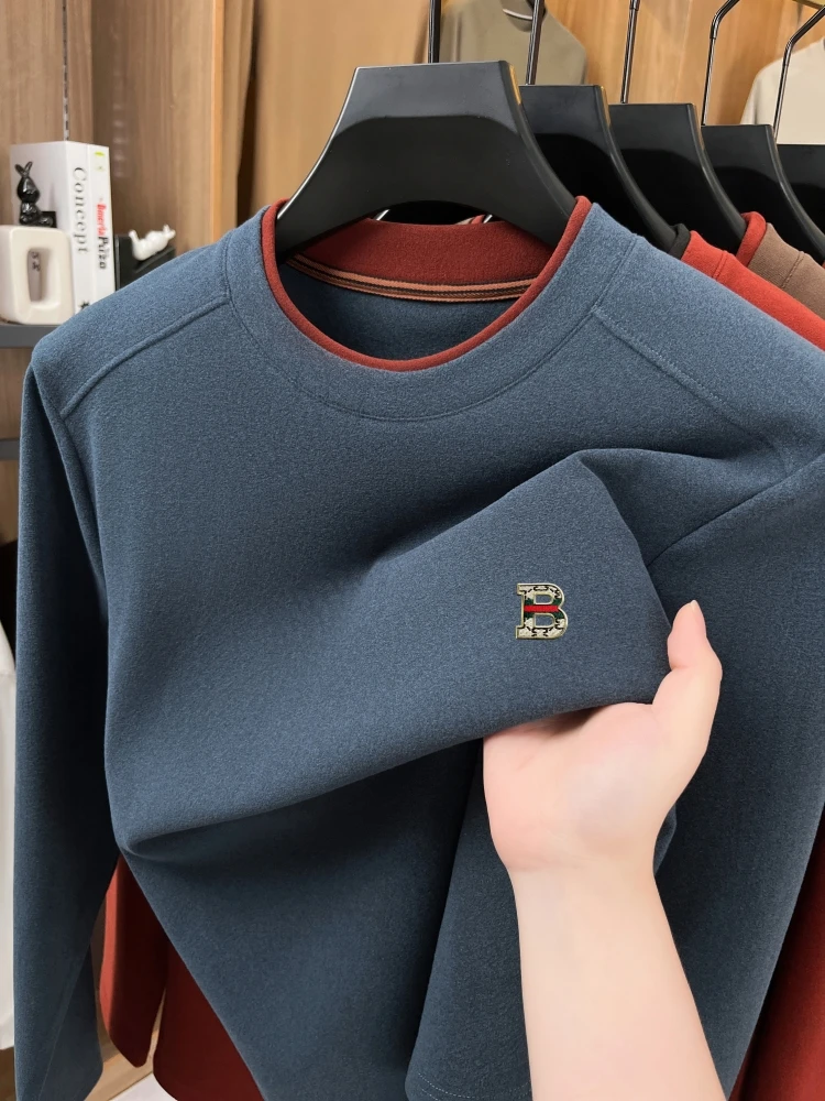 T-shirt à manches longues en velours de haute qualité pour hommes nouveau design à col double couche mode lettre B brodée pull décontracté automne