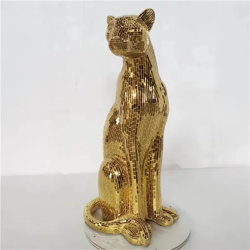 Gold Mosaic Leopard Statue Resin Sculpture for Home Hotel Office Decor Elegant Animal Art Piece