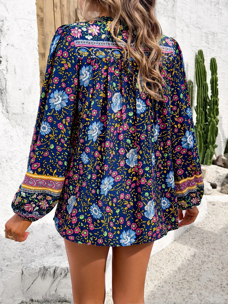 Fitaylor Spring Autumn Women Floral Print Top Casual Lady V-neck Puff Sleeve Loose Top Holiday Beach Top