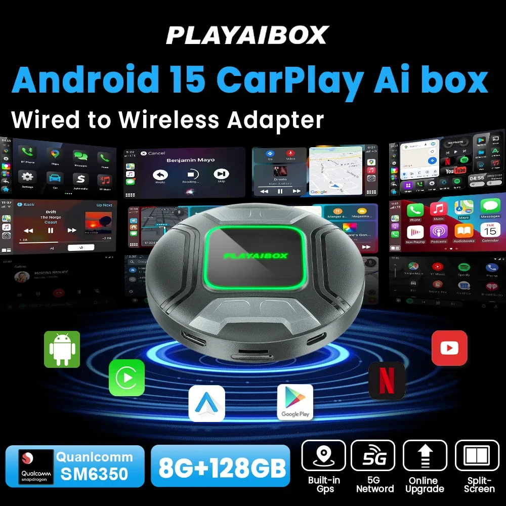 Playaibox CarPlay Ai Box Android 15 SM6350 8 cores 8G+128G Smart Android TV Box Carplay inalámbrico Android Auto 5G Lte For YouTube