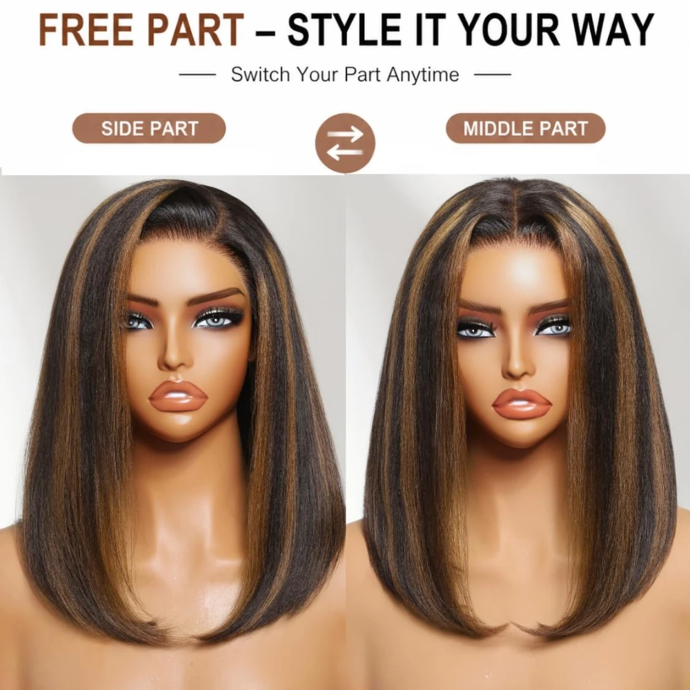 UNICE 7x5 Bye-Bye Slip Black with Caramel Highlights Side Part Yaki Bob Wig Human Hair Pre Plucked Pre Cut Glueless Drawstring Wig for Beginners 150% Density