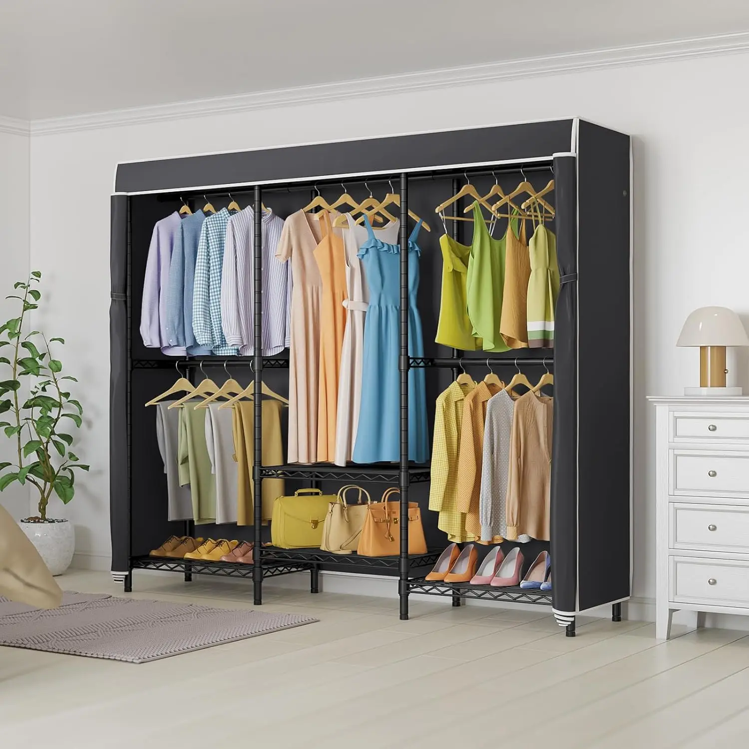 

V5C SE Garment Rack Wardrobe Closet, Heavy Duty Clothes Rack with Adjustable Shelves and Black Cover, Black Metal Closet