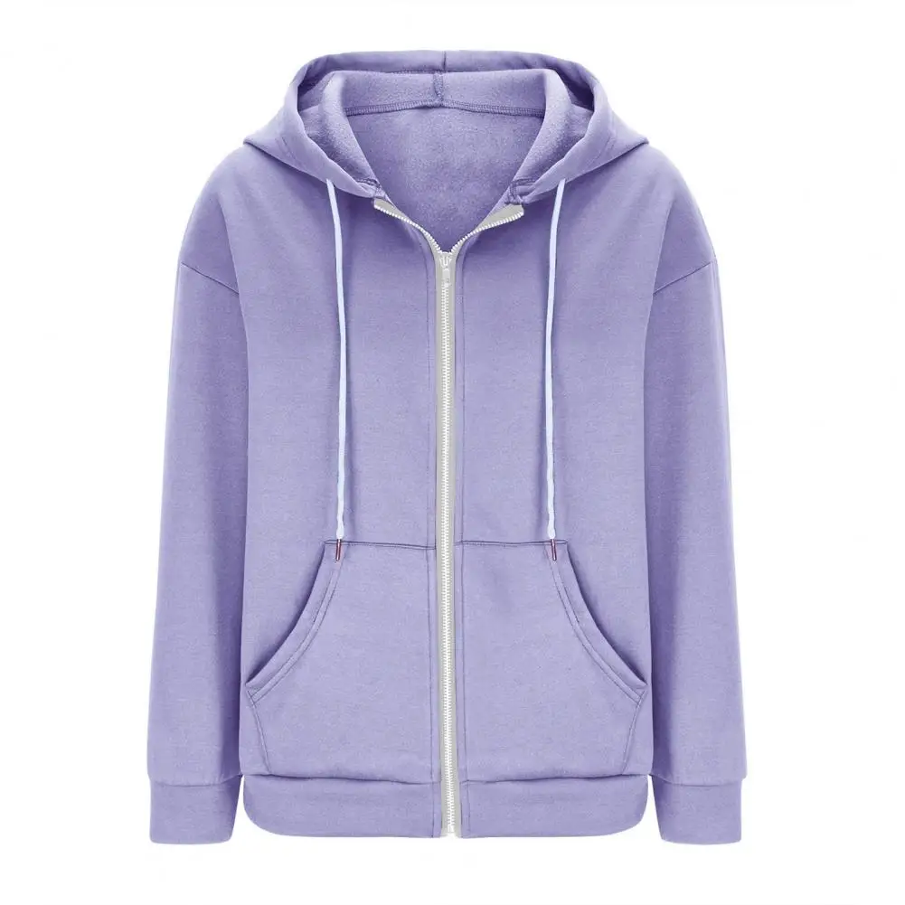 Autumn Spring Women Coat Hooded Drawstring Long Sleeves Pockets Zip-up Elastic Cuff Hem Loose Sport Hoodie Casual Daily Wear Jac