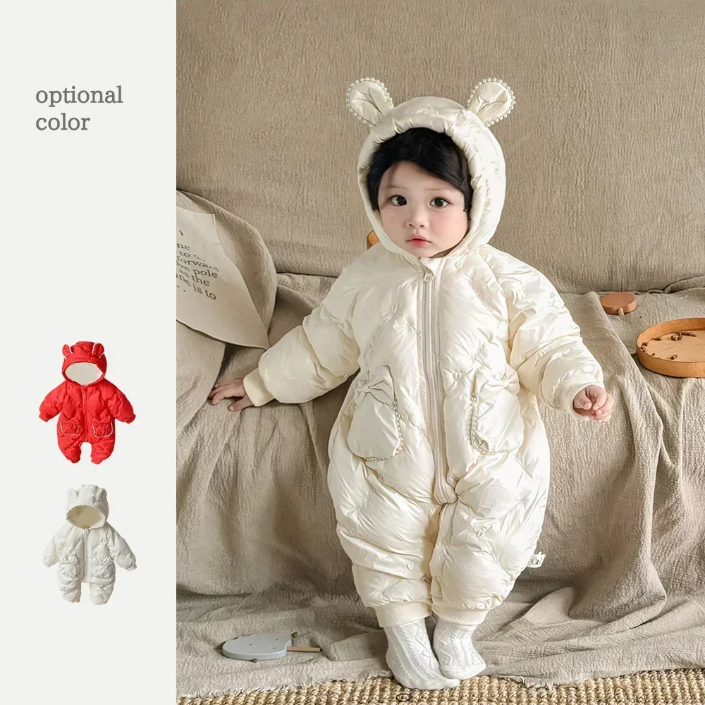 Winter Newborn Girls Bodysuit Baby Girls Thickened Plush Cotton Padded Jumpsuit Kid Girls Solid Hooded Warm Outerwear Romper