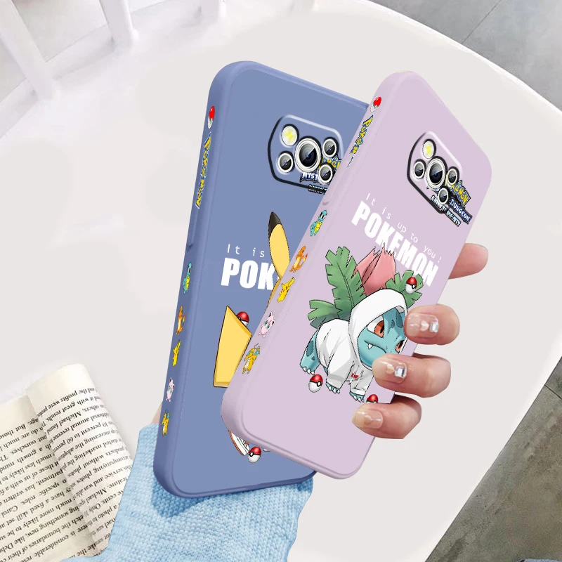 Pokemon Bulbasaur Pikachu Liquid Left Rope For Xiaomi Mi Poco X5 X4 X3 M6 M5 M5S M4 M3 F5 F4 F3 C55 C40 Pro 5G Back Phone Case