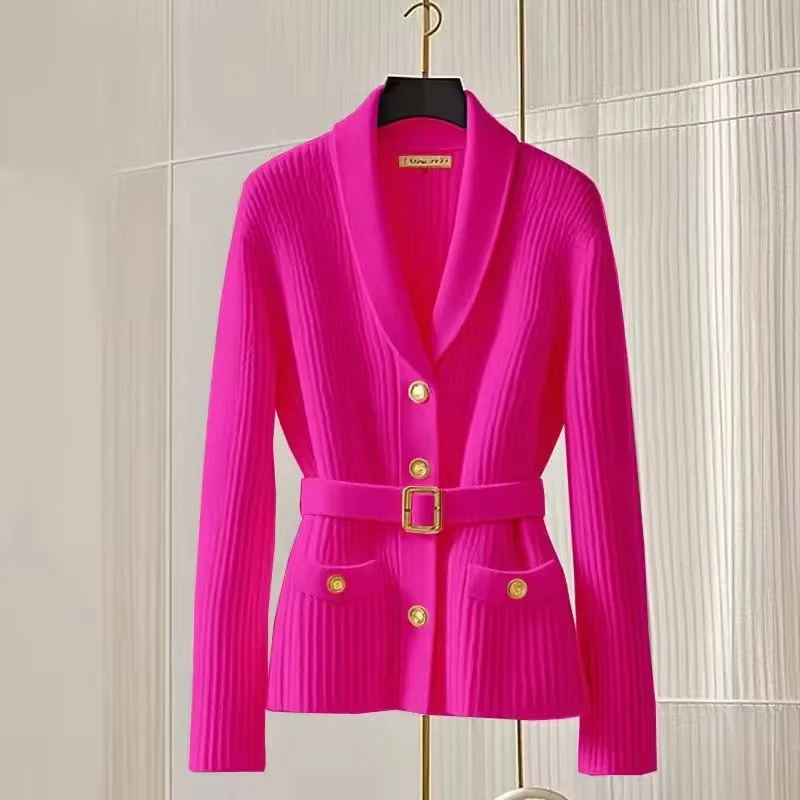 Women‘s Fashion Knitted Cardigan Sweater 2025 NEW Spring Autumn Top Coat Pocket V Collar Knitwear Match Belt Jacket Female