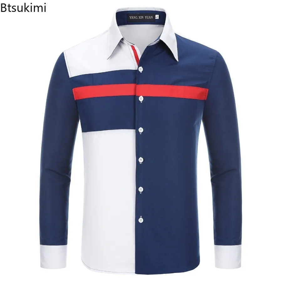 Fashion New Men's Long-sleeved Colorblock Casual Shirt Breathable Cotton Lapel Cardigan Shirt Coat Patchwork Design Male Blouses