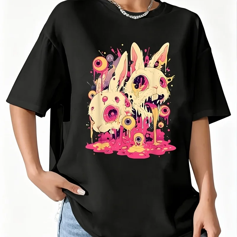 Psychedelic Creepy Horror Bunny Rabbit Goth Horror Women's 100% Cotton T-Shirt Short Sleeve Top Casual Round Neck Fun Print Tee S-5Xl