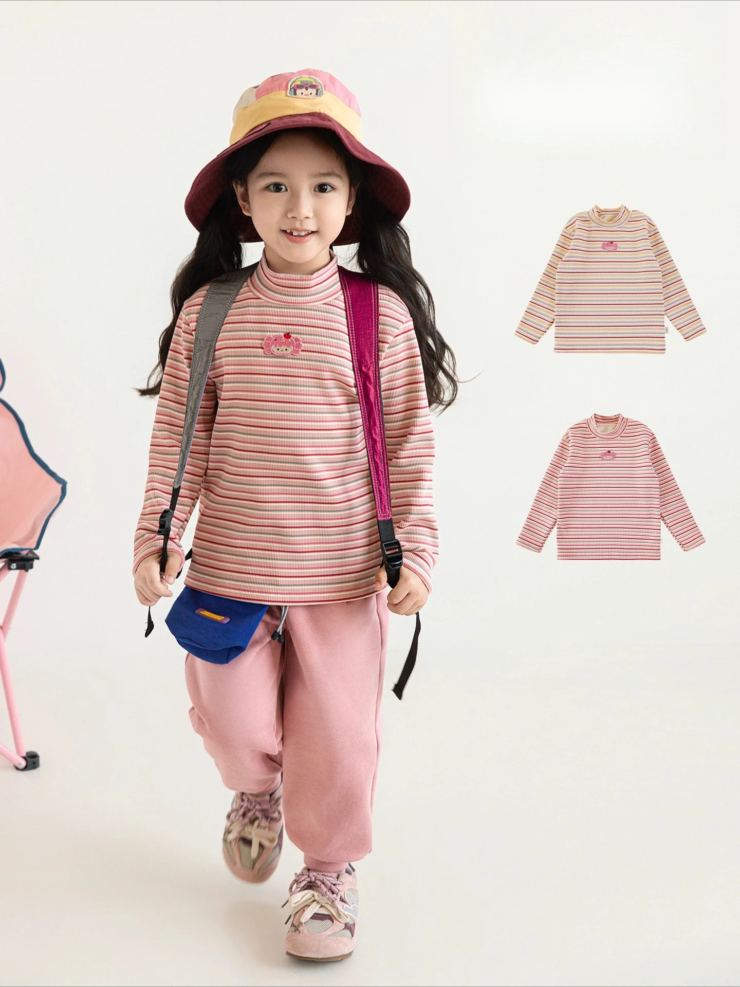 

Girls 2025 Dopamine Stripes Thermal Layer Mock Neck MoodBooster™ Fleece Lined Kids Base Top Playproof Gift Set 1-7 Years