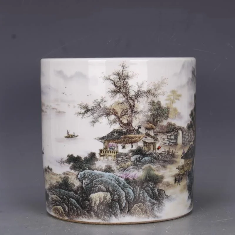 

Qianlong enamel color painted figures landscape pen holder brush pot antique porcelain home desk decor Chinese style ornaments