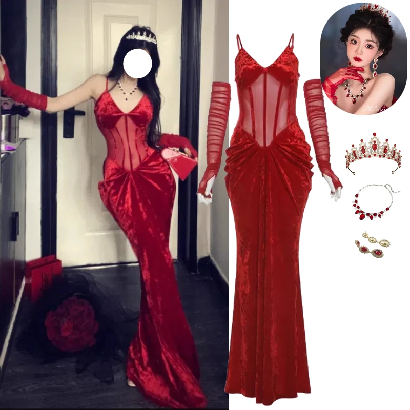 

Christmas New Years Velvet Women Camis Dress Sexy Slim Long Dresses Cosplay Sweet Elegant Even Party Fashion Backless Red Gown