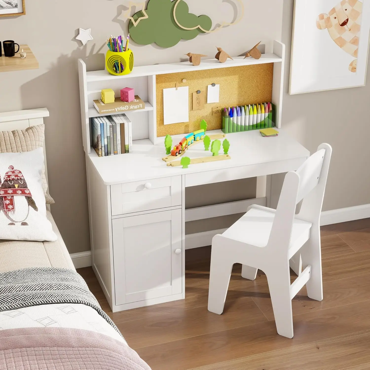 

Kids Study Desk Chair Set for Ages 5-12, Wooden Table with Hutch Storage Cabinet, White