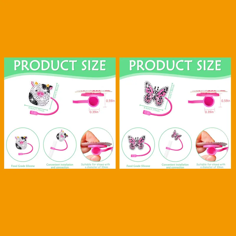 8 DIY diamond-painted acrylic straw caps, cups and drinking utensils, suitable for thermos cups, plastic cups and milk tea cups