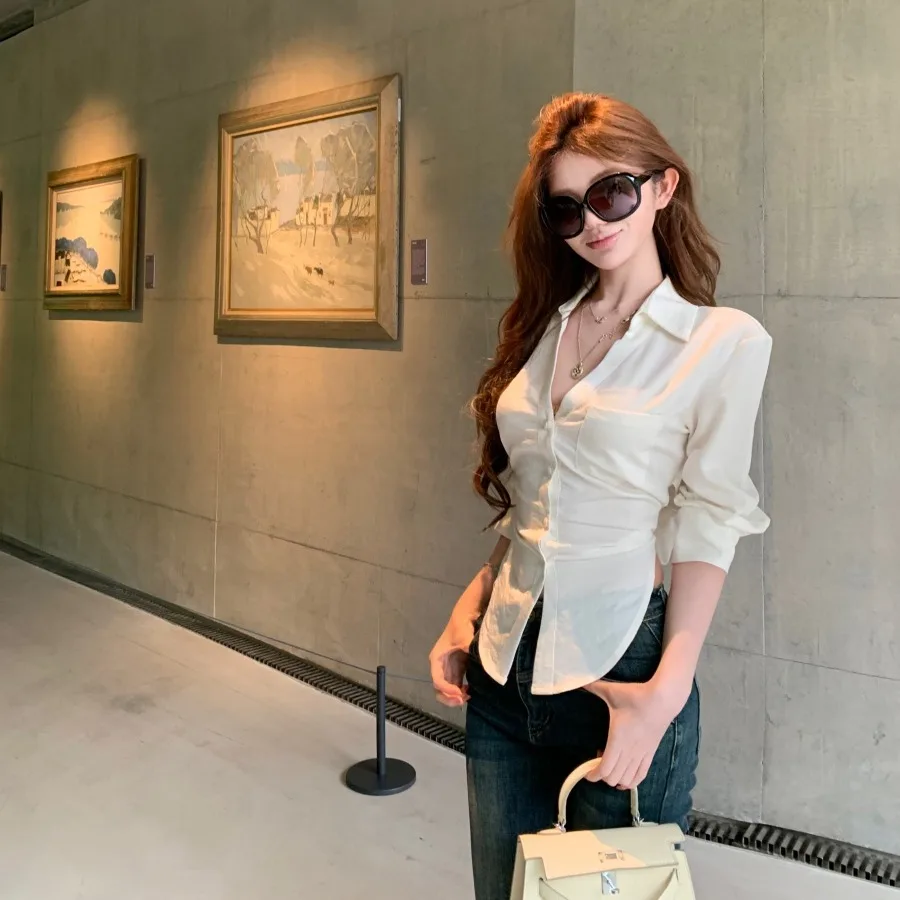 

Elegant Knot Waist Short Shirt Women's Summer New Style Heartback Chic Top Pure Desire Lazy Series Bow Tie Shirt